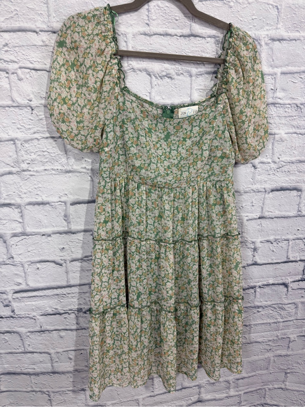 Floral Tiered Semi-Sheer Babydoll Dress - Green Floral, Size Medium - Picture 3 of 10